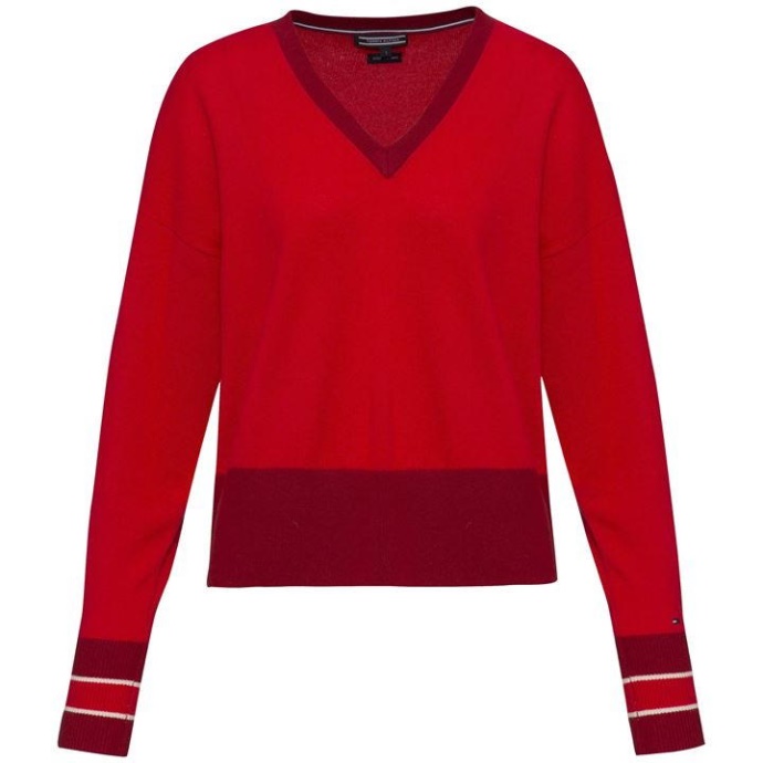 Afina Tipping V-hals Sweater Tommy Hilfiger Danmark Rød